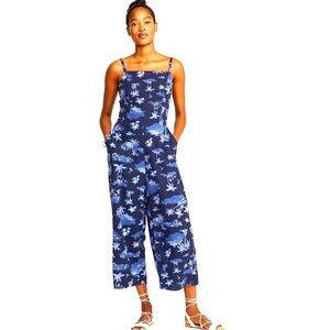 Waist-Defined Square-Neck Linen Tropical Print Jumpsuit